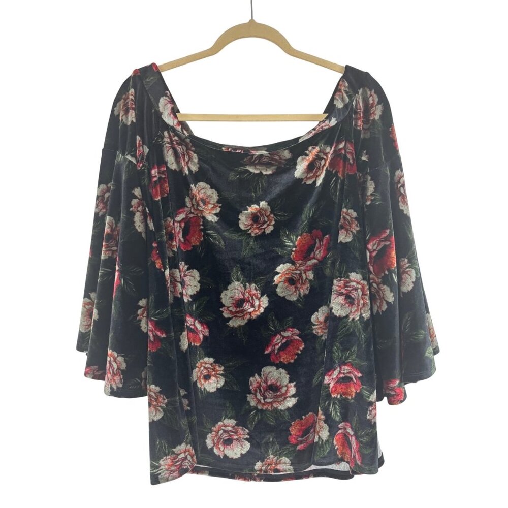 Torrid 00 L Black Floral Velvet Bell Sleeve Top Off Shoulder Whimsigoth Boho